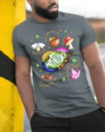 Magnified Psalm 34:3 Bible Verse Nature T-Shirt - model in grey shirt leaning against column