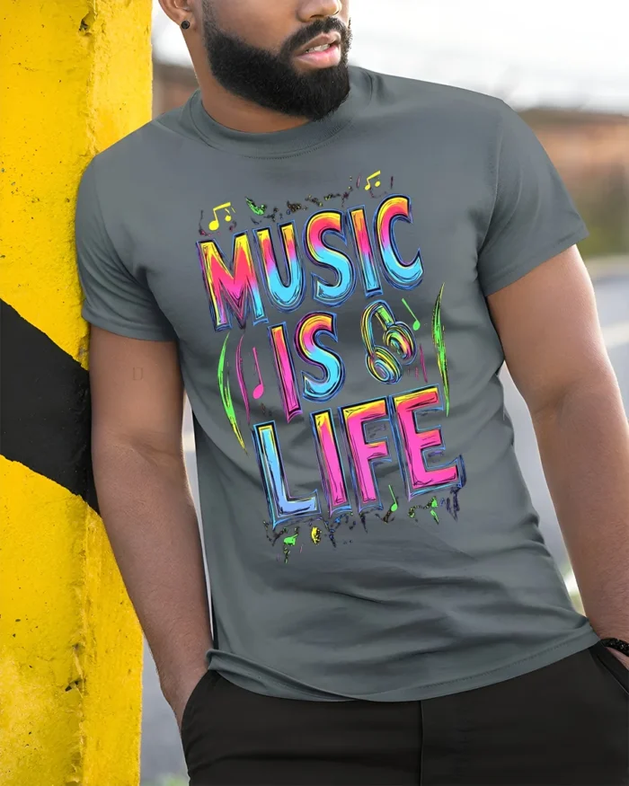 Colorful Music Is Life T-Shirt for Musicians and Fans - model in grey shirt leaning against column