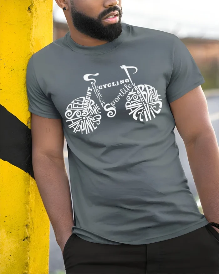 Typography Bike Word Art Cycling T-Shirt for Riders - model in grey shirt leaning against column