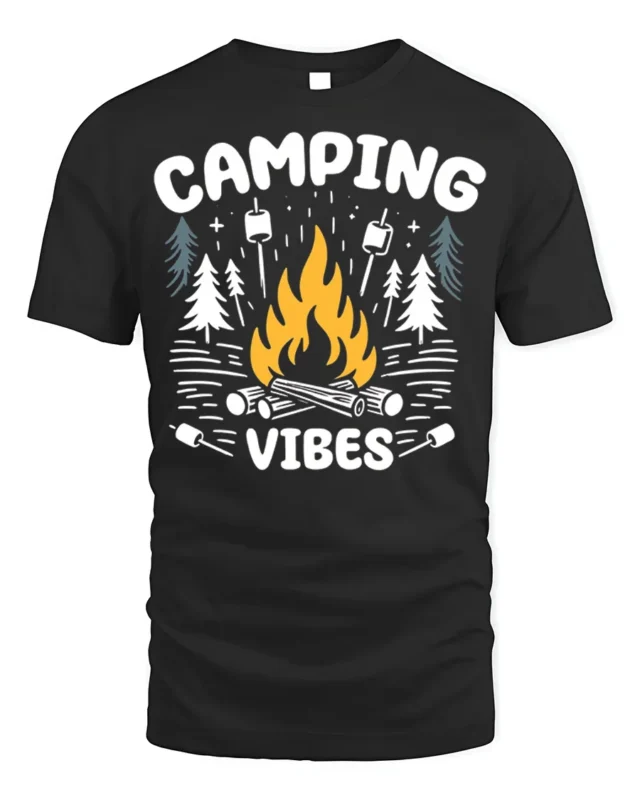 Camping Vibes T-Shirt Bonfire Marshmallow Forest - black t-shirt on white background