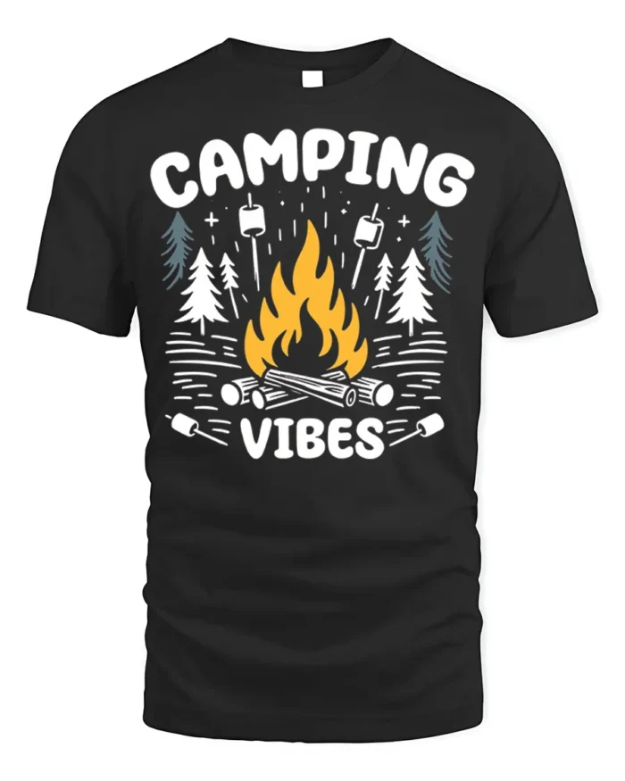 Camping Vibes T-Shirt Bonfire Marshmallow Forest - black t-shirt on white background