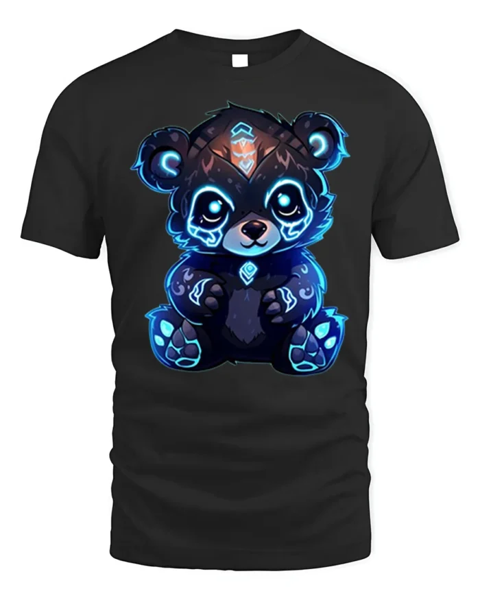 Cyber Glow Panda T-Shirt Cute Futuristic Neon Bear - black t-shirt on white background