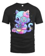 Pastel Goth Cat T-Shirt Cute Kawaii Ramen Anime - black t-shirt on white background