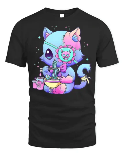 Pastel Goth Cat T-Shirt Cute Kawaii Ramen Anime - black t-shirt on white background