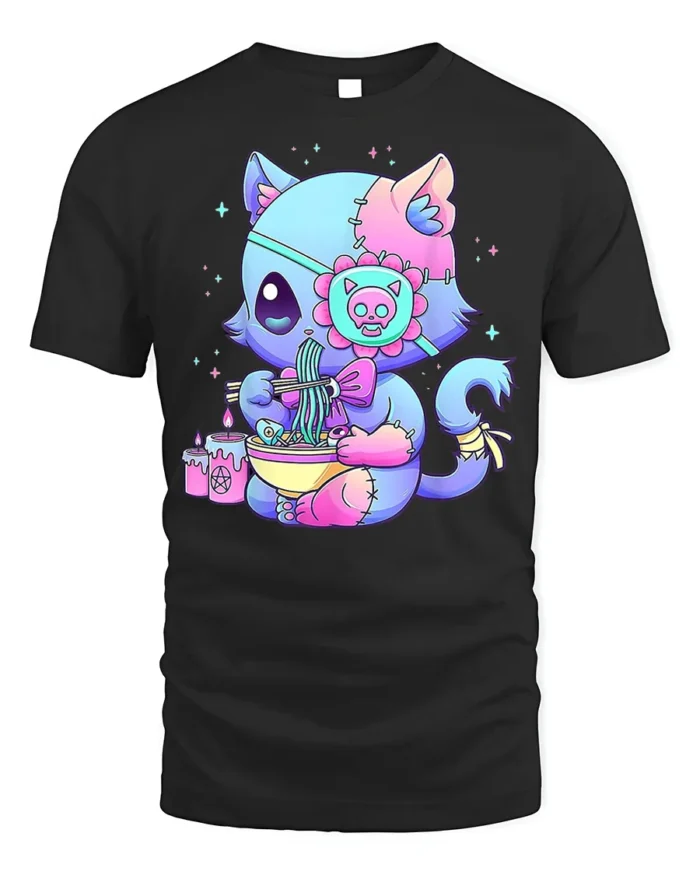 Pastel Goth Cat T-Shirt Cute Kawaii Ramen Anime - black t-shirt on white background