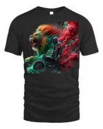 Lions and Smoke Rider T-Shirt Bold Biker Street Art - black t-shirt on white background