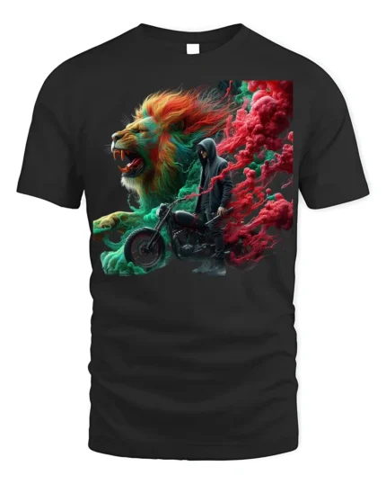 Lions and Smoke Rider T-Shirt Bold Biker Street Art - black t-shirt on white background