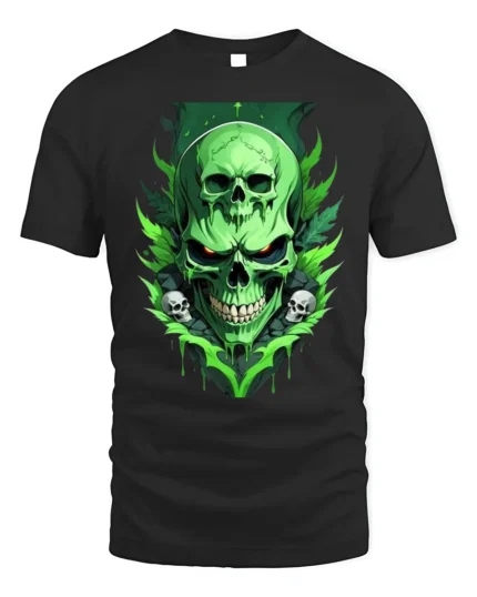 Green Skull T-Shirt Neon Horror Flame Skull Graphic - black t-shirt on white background
