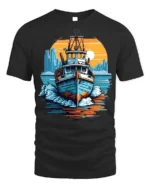 Sunset Boat Adventure T-Shirt Nautical Ocean Graphic - black t-shirt on white background
