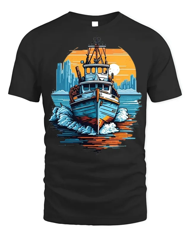 Sunset Boat Adventure T-Shirt Nautical Ocean Graphic - black t-shirt on white background