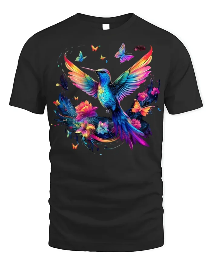 Colorful Hummingbird T-Shirt Floral Butterfly Art - black t-shirt on white background
