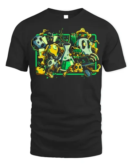 Mad Science Cartoon T-Shirt Fun Chemistry Lab Graphic - black t-shirt on white background