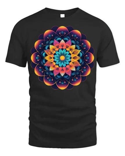Geometric Mandala T-Shirt Colorful Sacred Flower - black t-shirt on white background