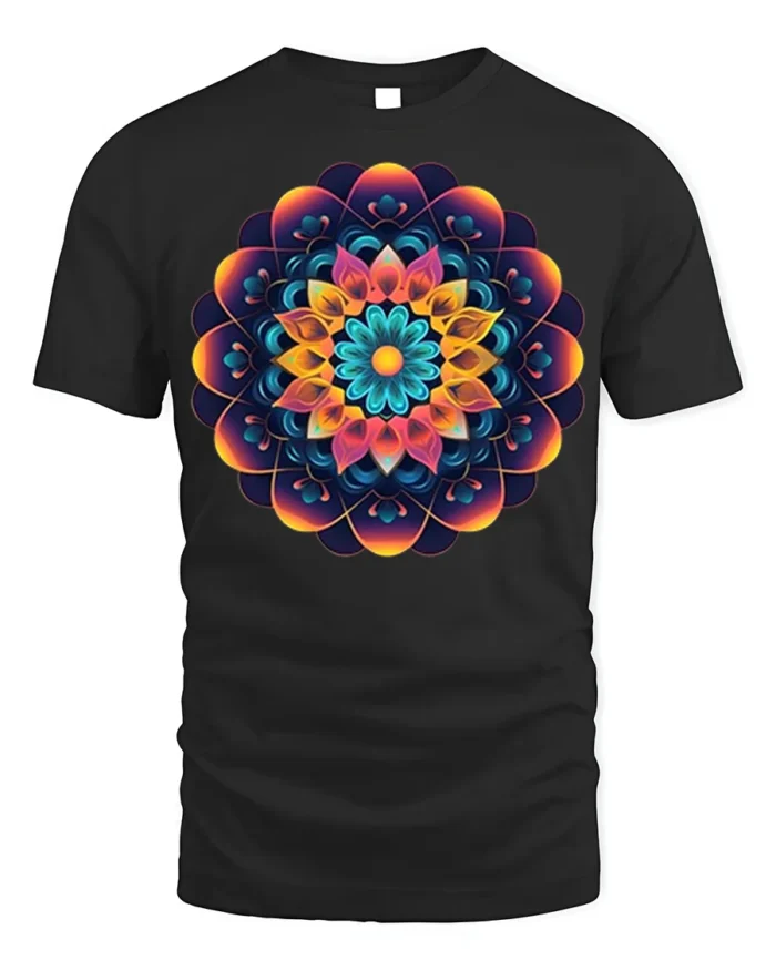 Geometric Mandala T-Shirt Colorful Sacred Flower - black t-shirt on white background