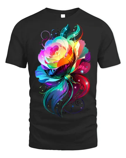 Rainbow Rose Butterfly T-Shirt Colorful Fantasy Art - black t-shirt on white background