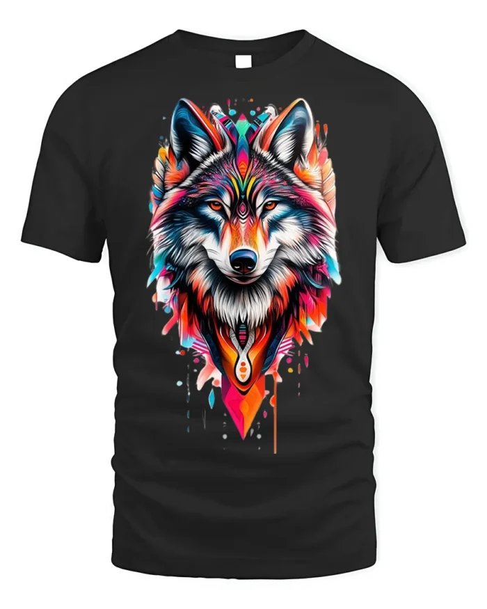 Tribal Wolf T-Shirt Vibrant Spirit Animal Graphic - black t-shirt on white background