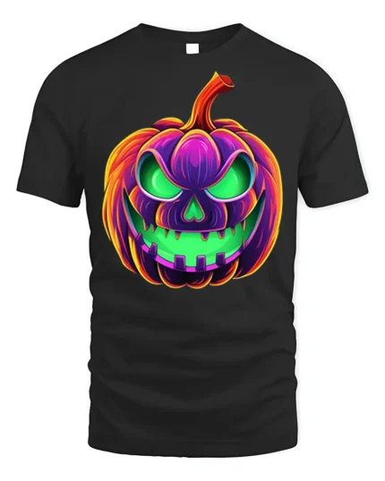 Neon Jack-O’-Lantern T-Shirt Scary Halloween Pumpkin - black t-shirt on white background
