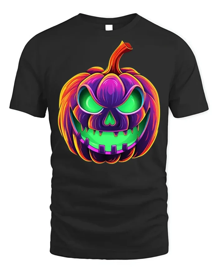 Neon Jack-O’-Lantern T-Shirt Scary Halloween Pumpkin - black t-shirt on white background