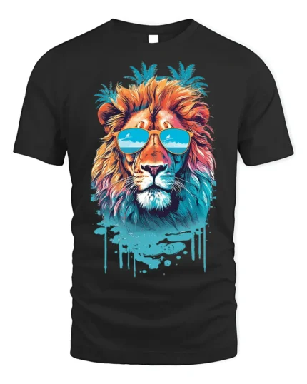 Cool Lion T-Shirt Tropical Sunglasses Animal Graphic - black t-shirt on white background