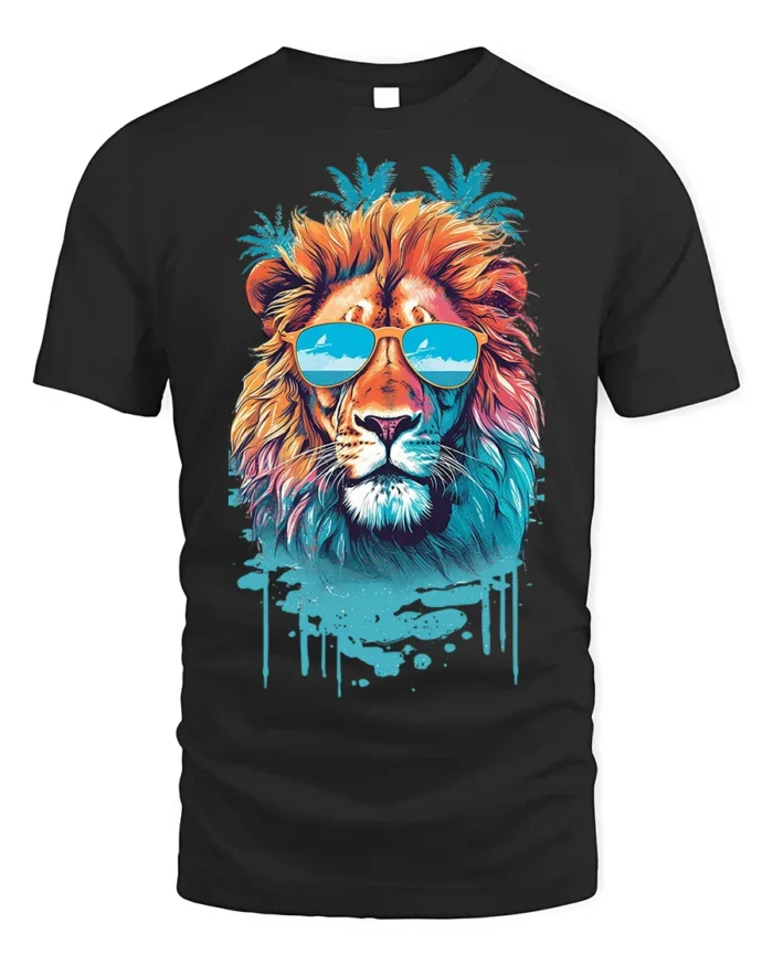Cool Lion T-Shirt Tropical Sunglasses Animal Graphic - black t-shirt on white background