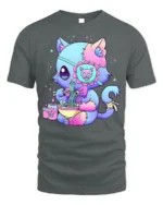 Pastel Goth Cat T-Shirt Cute Kawaii Ramen Anime - gray t-shirt on white background