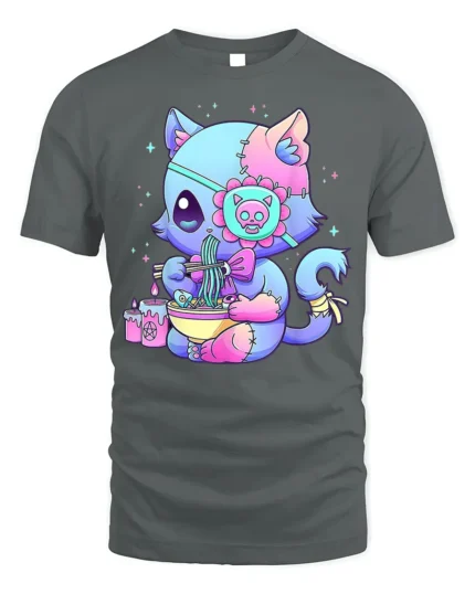 Pastel Goth Cat T-Shirt Cute Kawaii Ramen Anime - gray t-shirt on white background