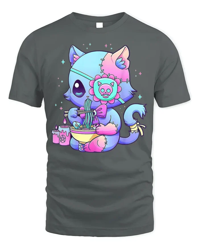 Pastel Goth Cat T-Shirt Cute Kawaii Ramen Anime - gray t-shirt on white background