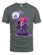 Skeleton Wizard T-Shirt Cute Dark Mage Skull Graphic - gray t-shirt on white background
