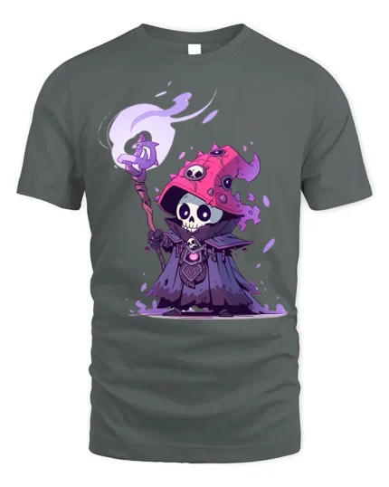 Skeleton Wizard T-Shirt Cute Dark Mage Skull Graphic - gray t-shirt on white background