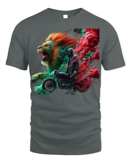 Lions and Smoke Rider T-Shirt Bold Biker Street Art - gray t-shirt on white background