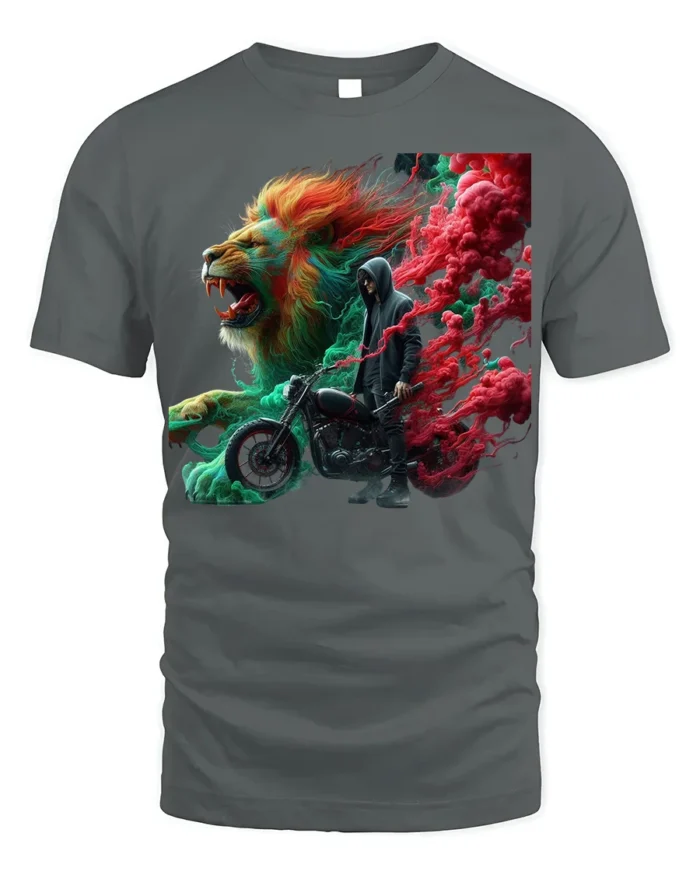 Lions and Smoke Rider T-Shirt Bold Biker Street Art - gray t-shirt on white background