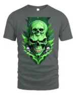 Green Skull T-Shirt Neon Horror Flame Skull Graphic - gray t-shirt on white background