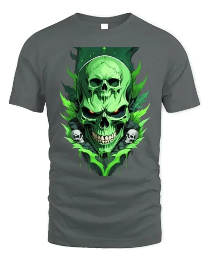 Green Skull T-Shirt Neon Horror Flame Skull Graphic - gray t-shirt on white background