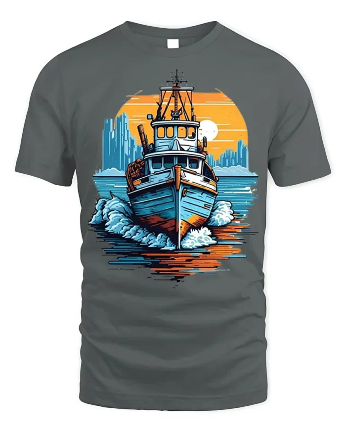 Sunset Boat Adventure T-Shirt Nautical Ocean Graphic - gray t-shirt on white background