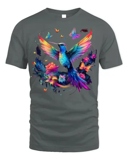 Colorful Hummingbird T-Shirt Floral Butterfly Art - gray t-shirt on white background