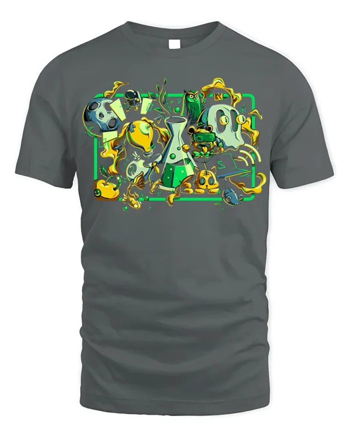 Mad Science Cartoon T-Shirt Fun Chemistry Lab Graphic - gray t-shirt on white background
