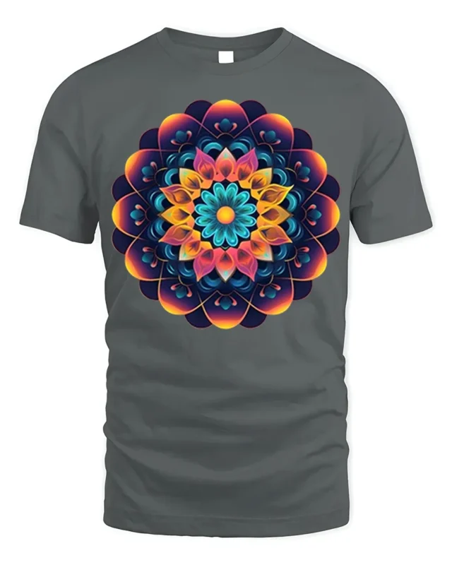 Geometric Mandala T-Shirt Colorful Sacred Flower - gray t-shirt on white background
