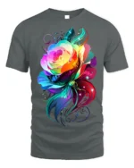 Rainbow Rose Butterfly T-Shirt Colorful Fantasy Art - gray t-shirt on white background