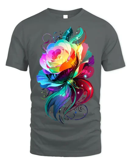 Rainbow Rose Butterfly T-Shirt Colorful Fantasy Art - gray t-shirt on white background