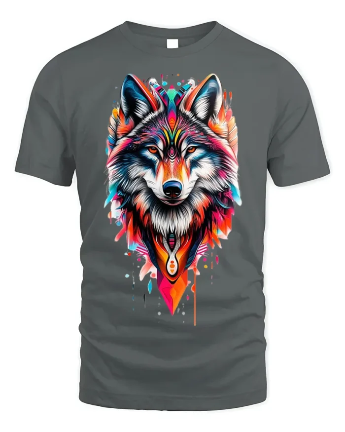 Tribal Wolf T-Shirt Vibrant Spirit Animal Graphic - gray t-shirt on white background
