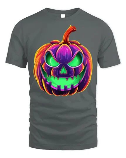 Neon Jack-O’-Lantern T-Shirt Scary Halloween Pumpkin - gray t-shirt on white background