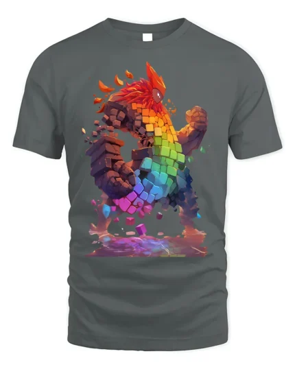 Pixel Golem T-Shirt Rainbow Elemental Fantasy Art - gray t-shirt on white background