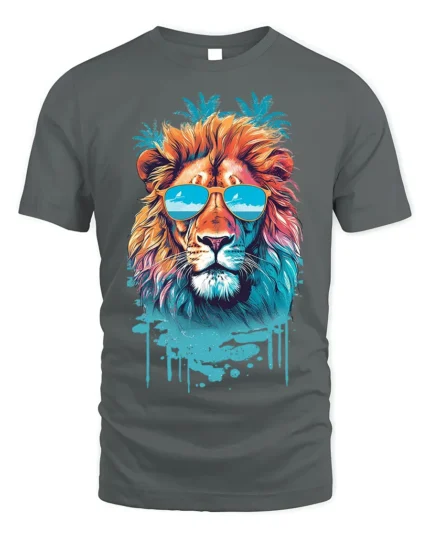 Cool Lion T-Shirt Tropical Sunglasses Animal Graphic - gray t-shirt on white background