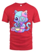 Pastel Goth Cat T-Shirt Cute Kawaii Ramen Anime - red t-shirt on white background
