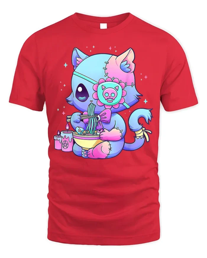 Pastel Goth Cat T-Shirt Cute Kawaii Ramen Anime - red t-shirt on white background
