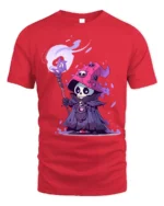Skeleton Wizard T-Shirt Cute Dark Mage Skull Graphic - red t-shirt on white background