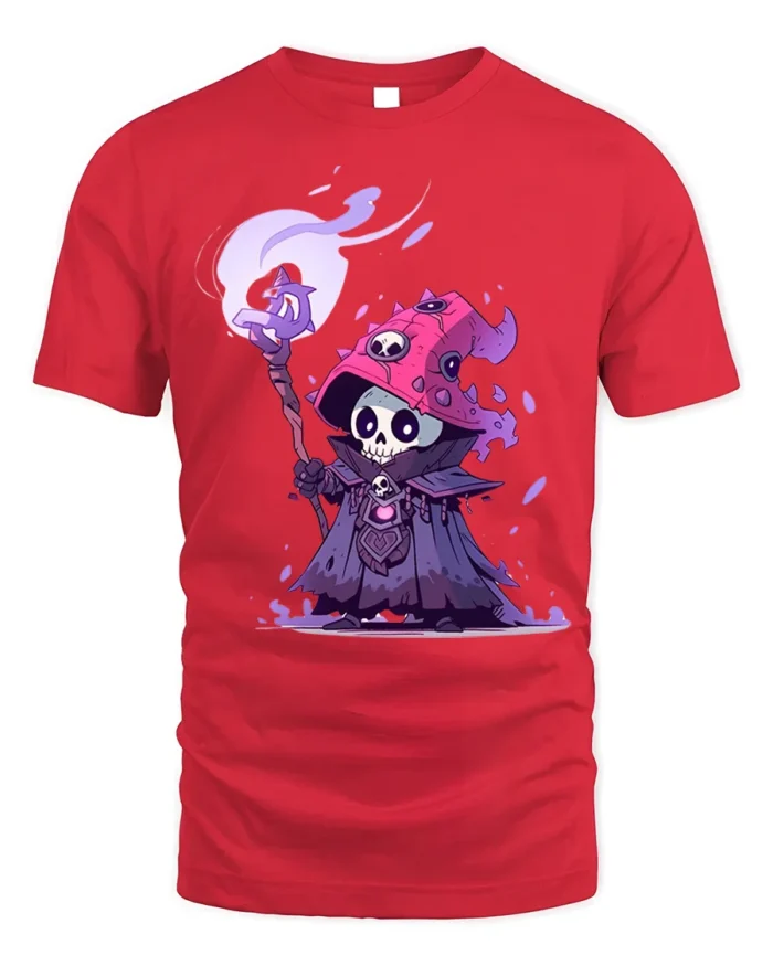 Skeleton Wizard T-Shirt Cute Dark Mage Skull Graphic - red t-shirt on white background
