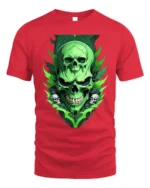 Green Skull T-Shirt Neon Horror Flame Skull Graphic - red t-shirt on white background