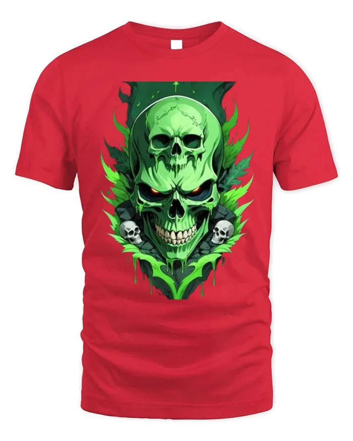 Green Skull T-Shirt Neon Horror Flame Skull Graphic - red t-shirt on white background