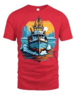 Sunset Boat Adventure T-Shirt Nautical Ocean Graphic - red t-shirt on white background